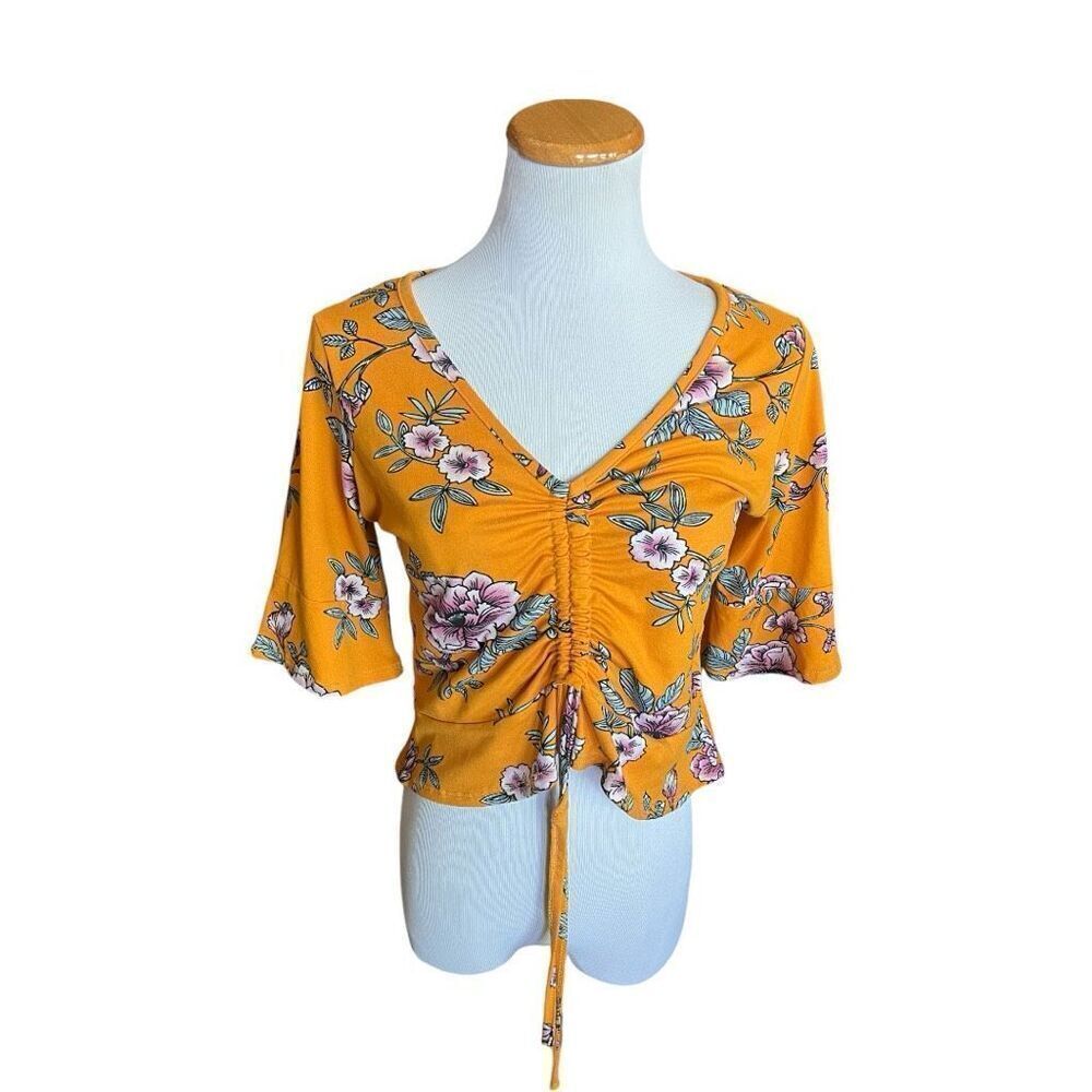 Womens TMG New York Mustard Floral Print Cinched Crop Top Blouse - Sz M